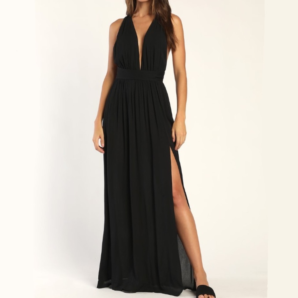 Lulus Black Gauzy Plunge Neck Passionate Embrace Neck Tie Halter Maxi Dress